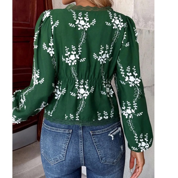 Boho Semi Sheer Lace Button Down Embroidered Floral Top - Picture 4 of 6